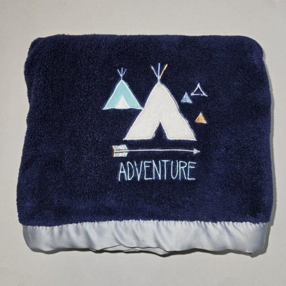 Just Born ADVENTURE Navy Blue Fleece Baby Blanket Lovey Tent Teepee Satin Trim